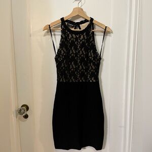BEBE Black Lace & Solid Cocktail Dress – Elegant & Chic!